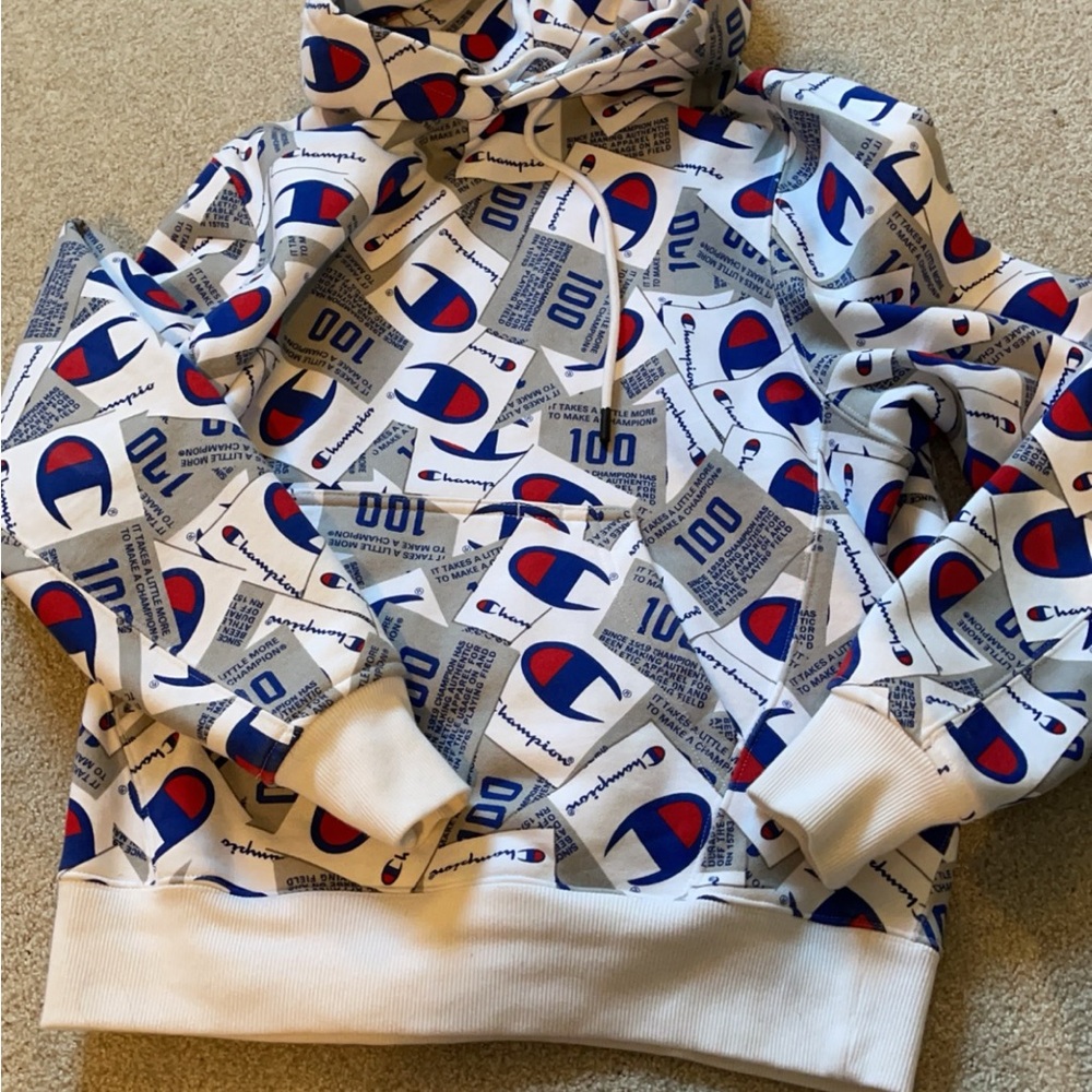 Champion White and Blue Graphic Hoodie